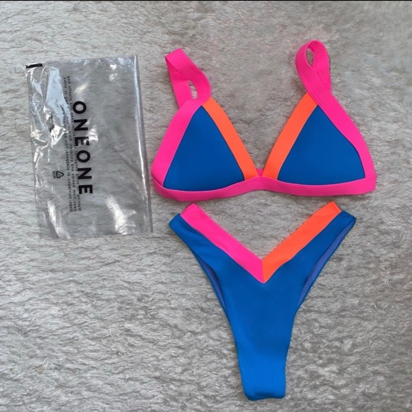 New OneOne Swimwear Bikini SET Blue Neon Palmetto Small Jesse Kameron Cheeky - Picture 2 of 10